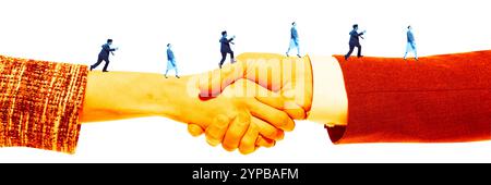 Two hands shaking with line of people walking on top, symbolizing trust, teamwork, and collaboration in achieving business goals. Stock Photo
