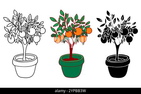Decorative citrus tree in the pot. Shrub Icons. Tangerine, orange. Traditional decoration for Lunar New Year. Stock Vector