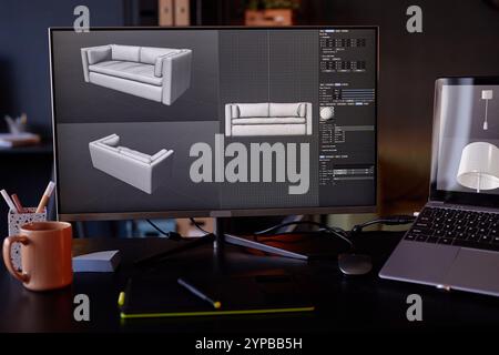 Designing 3D model of couch in stylish workspace, featuring advanced technology. Display screens show various angles of the model while coffee cups sit on table, creating realistic environment Stock Photo