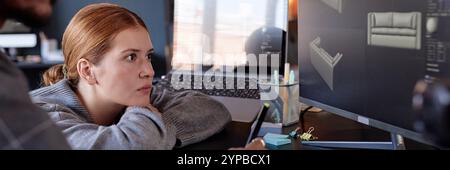 Woman working on architectural design on computer screen, sitting at desk with concentrated expression Head and shoulder shot, with person focusing on design software Stock Photo