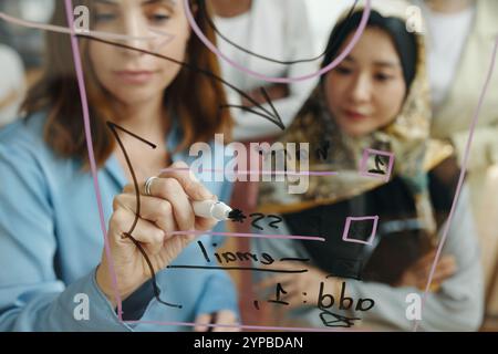 Collaborating and Brainstorming Ideas on Clear Board Stock Photo