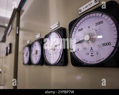 Four meters are on a wall, each with a different number. The numbers are 3000, 5000, 7000, and 8000 Stock Photo