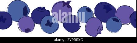 Fresh ripe flying blueberries seamless border/ Graphic outline vector natural border with fruits for healthy food packaging design. Wild forest dark j Stock Vector