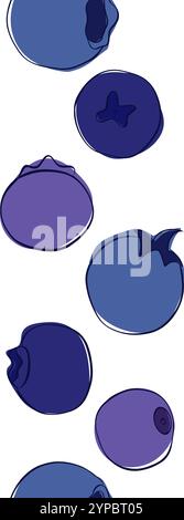 Beautiful fresh ripe blueberry seamless vertical border isolated on white background. Graphic line blueberry Border design. Banner. Vector illustratio Stock Vector