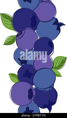 Blueberry blackberry with green leaves seamless vertical border. hand drawn in graphic outline style, forest berry on branches. Seamless banner garlan Stock Vector
