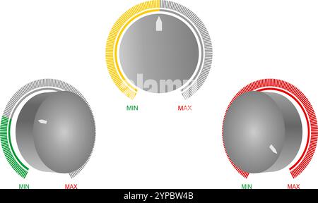 round switch button with minimum and maximum scale set vector illustration isolated on white background. Stock Vector