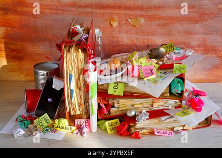 Grungy file folders, calendars with business appointments and adhesive notes on cluttered workplace. Business concept,beat the clock,overworked,bureau Stock Photo
