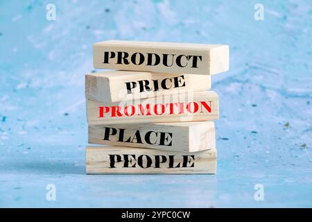 5 p's of running a business successfully. Five Marketing Strategies Background written on the wooden rectangular blocks. Stock Photo