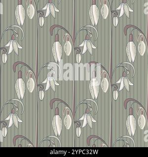 Neutral hand-drawn snowdrop flowers vector seamless pattern background. Striped floral backdrop with vertical stems and blossoms. Stylized botanical Stock Vector