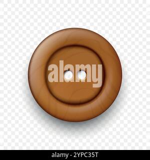 Vector Brown Color Wooden Two Holes Clothes Button Closeup, Isolated on White Background with Reflection. Round Button, Front View Stock Vector