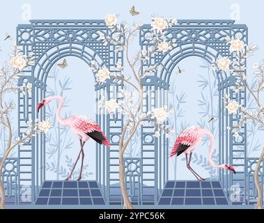 Border with flamingos, peonies and alcove in chinoiserie style. Vector. Stock Vector