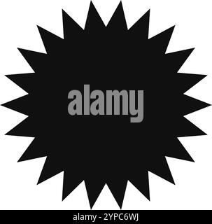 Simple black starburst shape features numerous sharp points radiating outward from a central point, creating a dynamic and eye catching design element Stock Vector