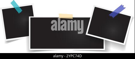Realistic vector illustration of three blank photo frames attached with adhesive tapes on white background, creating a customizable template for showc Stock Vector