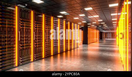 Modern data center server room glowing with orange lights 3d background Stock Photo