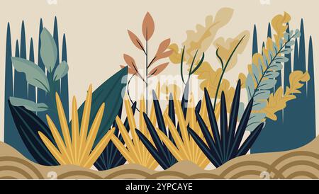 This artwork features a vibrant and stylized illustration of a lush tropical garden Stock Vector
