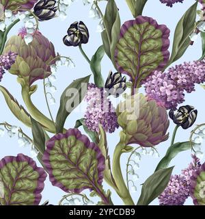 Seamless pattern with artichokes and flowers. Vector. Stock Vector
