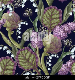 Seamless pattern with artichokes and flowers. Vector. Stock Vector