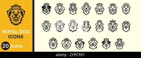 Royal dog icon set. Luxury black element silhouette and head domestic mammal. Adorable doggy character with crown. Puppy king and cute vector illustra Stock Vector