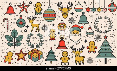 Christmas Retro collection element. New Year bundle set decoration and design winter illustration. Xmas season sign and cartoon decor icon. Symbol gin Stock Vector