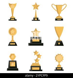 Set of golden vector trophies illustration. Awards cups collection isolated on white. Game beautiful shape prize. Stock Vector