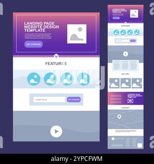 Website landing template page with a features section and a form for contact information. Design set flat element minimalist style vector illustration Stock Vector