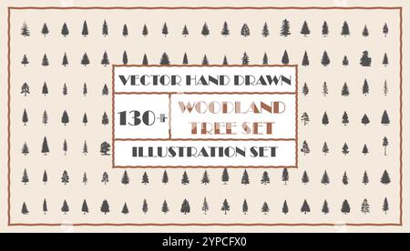 Woodland tree set hand drawn vector illustration. Decorative shape silhouettes and park collection evergreen branch. Botanical element nature forest a Stock Vector