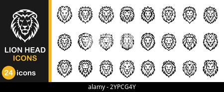 Lion head icon set. Strong zoo mammal emblem collection. Black sign predator silhouette. Face lion symbol and design animal vector illustration. Line Stock Vector