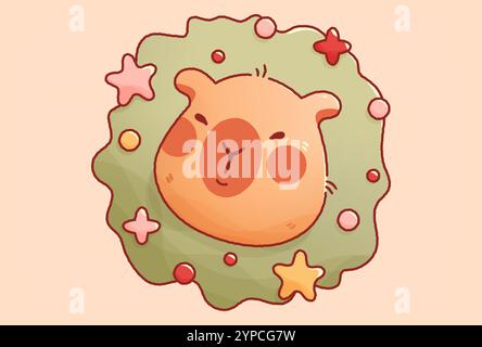 Kawaii Christmas capybara head in New Year wreath. Stock Vector
