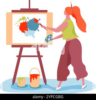 Female artist is expressing her creativity by painting on a canvas using a brush and palette, with buckets of paint nearby, showcasing the process of Stock Vector