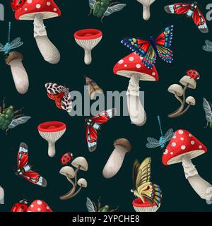 Seamless pattern with different insects and mushrooms. Vector Stock Vector