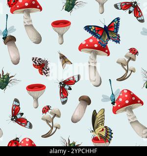 Seamless pattern with different insects and mushrooms. Vector Stock Vector