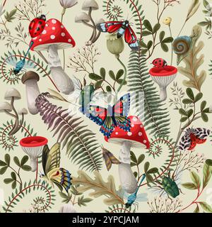 Seamless pattern with different insects and mushrooms. Vector Stock Vector