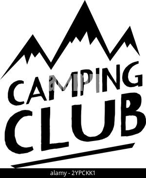 Black and white logo for a camping club featuring stylized mountain peaks and bold typography promoting outdoor adventures and camaraderie Stock Vector