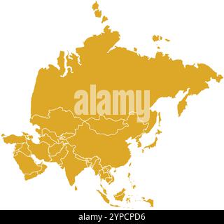 Asia MAP in Yellow, Country Border, Asia Map, Border line of Asia, Geographic Map Stock Vector
