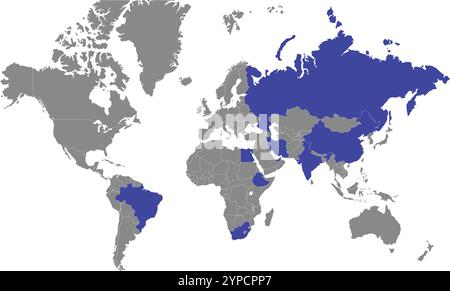 Brics Country in World, World Map, Geographic Map, Country Map, Country Border line, Brics Nation, Brics Country Highlight, Brazil, Russia, India, Chi Stock Vector