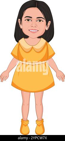 Beautiful girl wearing frock vector illustration. Adorable Cartoon Girl in Fancy Cocktail Party Dress. A cute Little girl character. Stock Vector