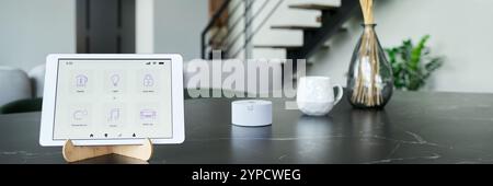 Modern interior featuring tablet displaying smart home control interface on wooden stand on marble table, enhancing convenience and connectivity in daily life Stock Photo