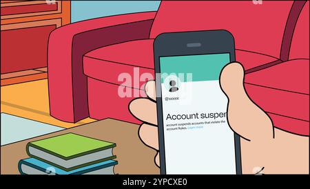 Hand holding smartphone and finger touch on screen on room background. Phone on hand. Human using mobile phone.Vector illustration flat cartoon design Stock Vector