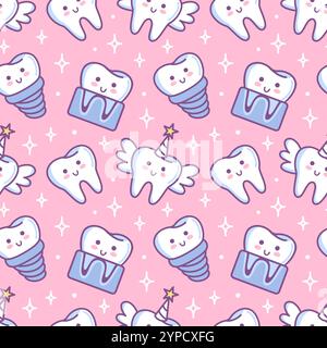 Tooth fairy, x-ray, implant. seamless pattern. Cute cartoon characters in kawaii style. Healthy organ, digestive system. Vector illustration, flat sty Stock Vector