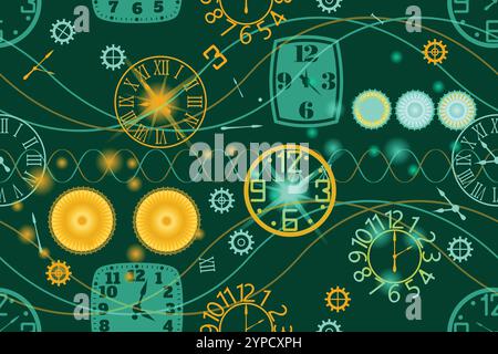 Various wall clocks and gears - seamless pattern Stock Vector