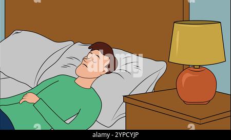 Man is sleeping on the bed vector illustration, Flat bedroom illustration. Stock Vector
