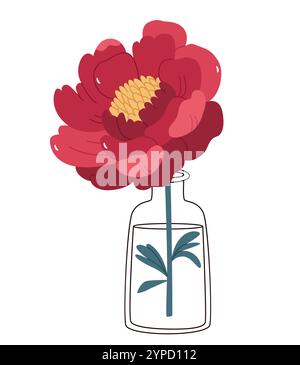 Beautiful peony in a glass vase.vector botanical flora for decoration, wedding invitation, patterns, wallpapers, fabric, wrapping paper. Vector illust Stock Vector