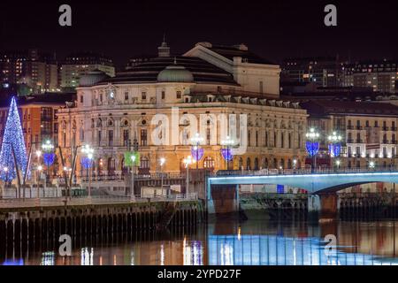 The illuminated  Arriaga theatre in the evening, Plaza de Arriaga, Bilbao, Province of Biskaia, Basque Country, Spain Stock Photo