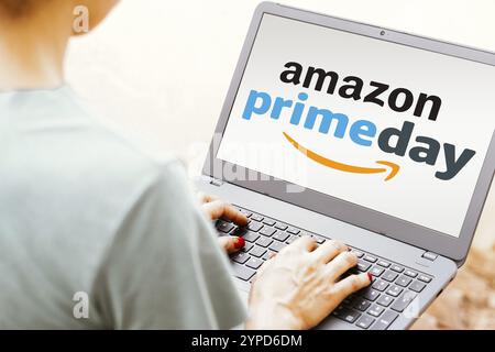 April 16, 2024, Brazil. In this photo illustration, the Amazon Prime Day logo is seen displayed on a laptop screen Stock Photo