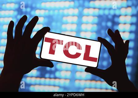 Logo of the American company TCL is displayed during the Mobile World ...