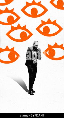 Man clutching his jacket as orange eyes surround him, symbolizing feeling of anxiety and being watched. Conceptual design. Stock Photo