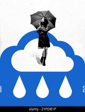 Conceptual illustration of seeking emotional protection, woman holding umbrella under cloud with rain drops, symbolizing resilience. Stock Photo