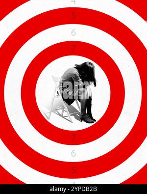 Portrayal of vulnerability and pressure, showing woman seated at center of red bullseye target, representing being emotionally targeted. Conceptual Stock Photo