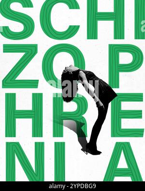 Conceptual design illustrating schizophrenia, featuring woman leaning back dramatically against green typography Stock Photo