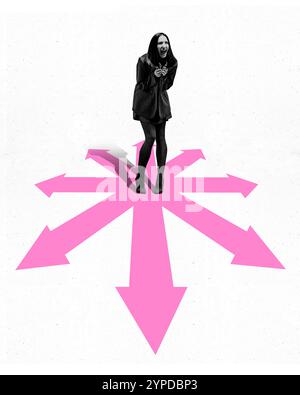 Conceptual design illustrating feeling overwhelmed, woman surrounded by pink arrows pointing in all directions, symbolizing indecision. Stock Photo